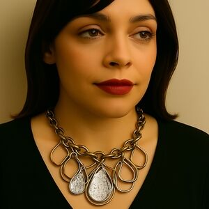 Chic Women’s Dual-Tone Hammered Necklace, Textured Water Drop Disc & Hoop Design